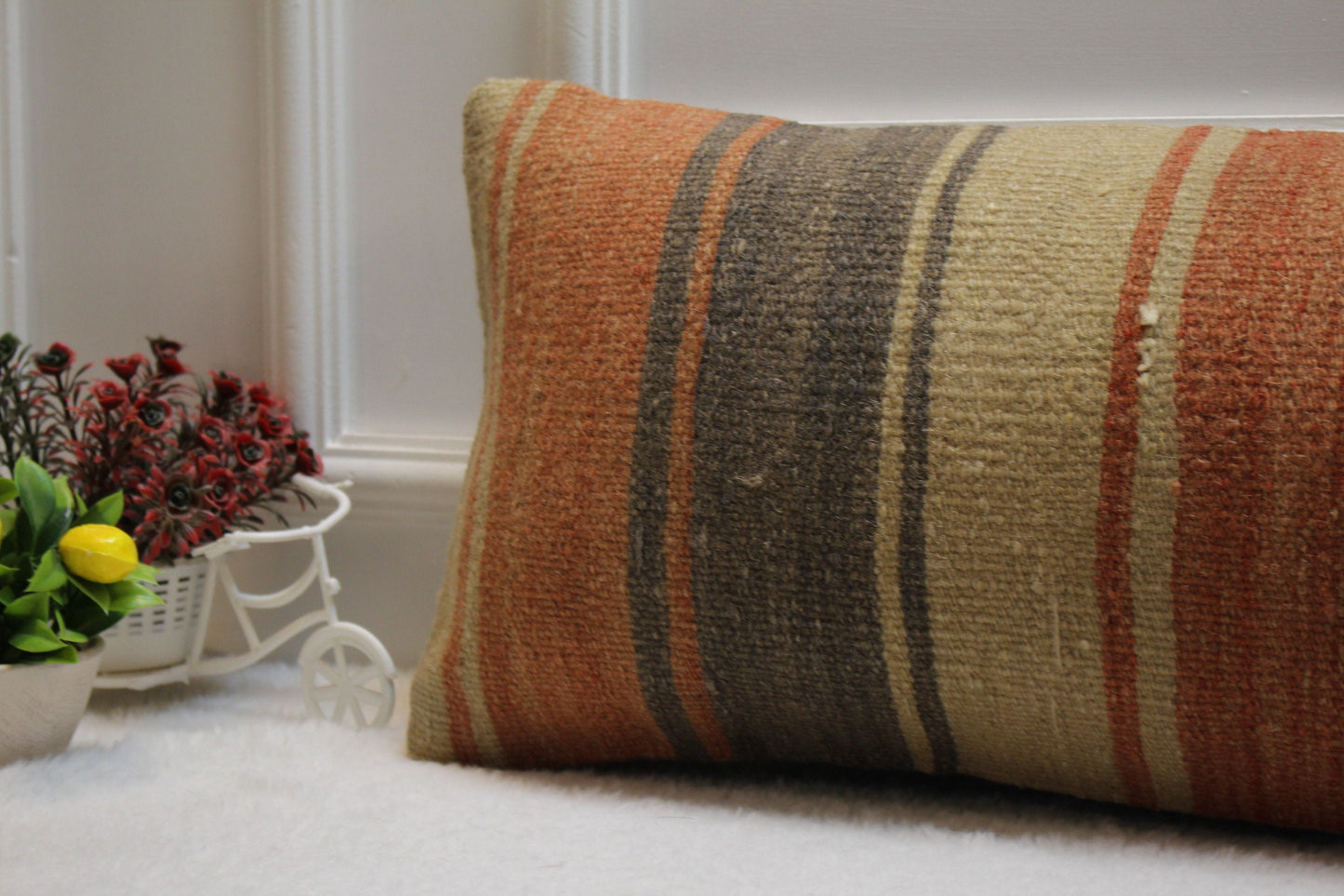Handmade Striped Kilim Pillow Cover: Upcycled Wool, 12x36 inch