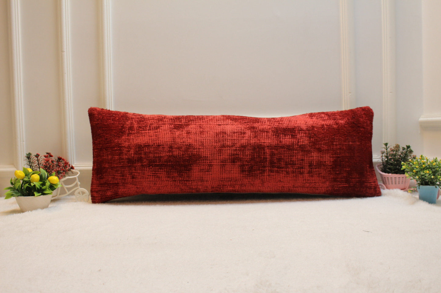 Handmade Red Kilim Pillow Cover: Boho Lumbar Pillow, 12x36