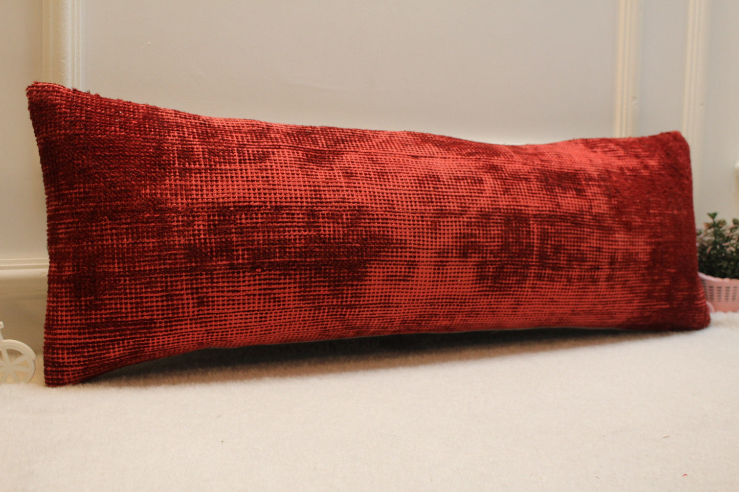 Handmade Red Kilim Pillow Cover: Boho Lumbar Pillow, 12x36
