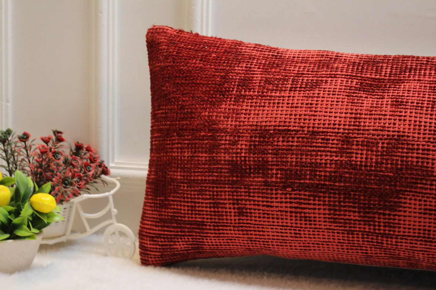 Handmade Red Kilim Pillow Cover: Boho Lumbar Pillow, 12x36