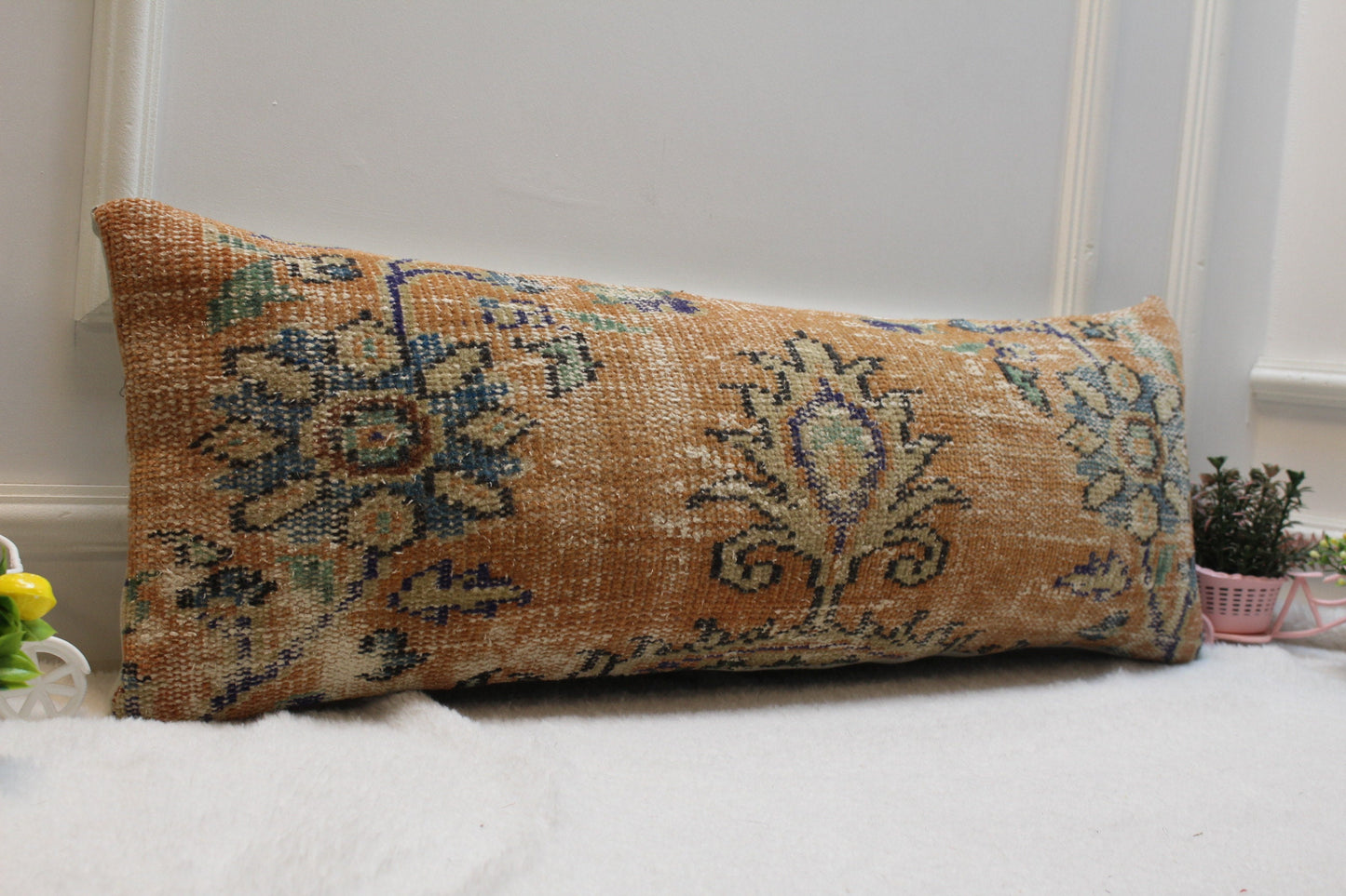 Handmade Kilim Pillow Cover: Orange & Blue Vintage Rug Pillow (12x36 in)