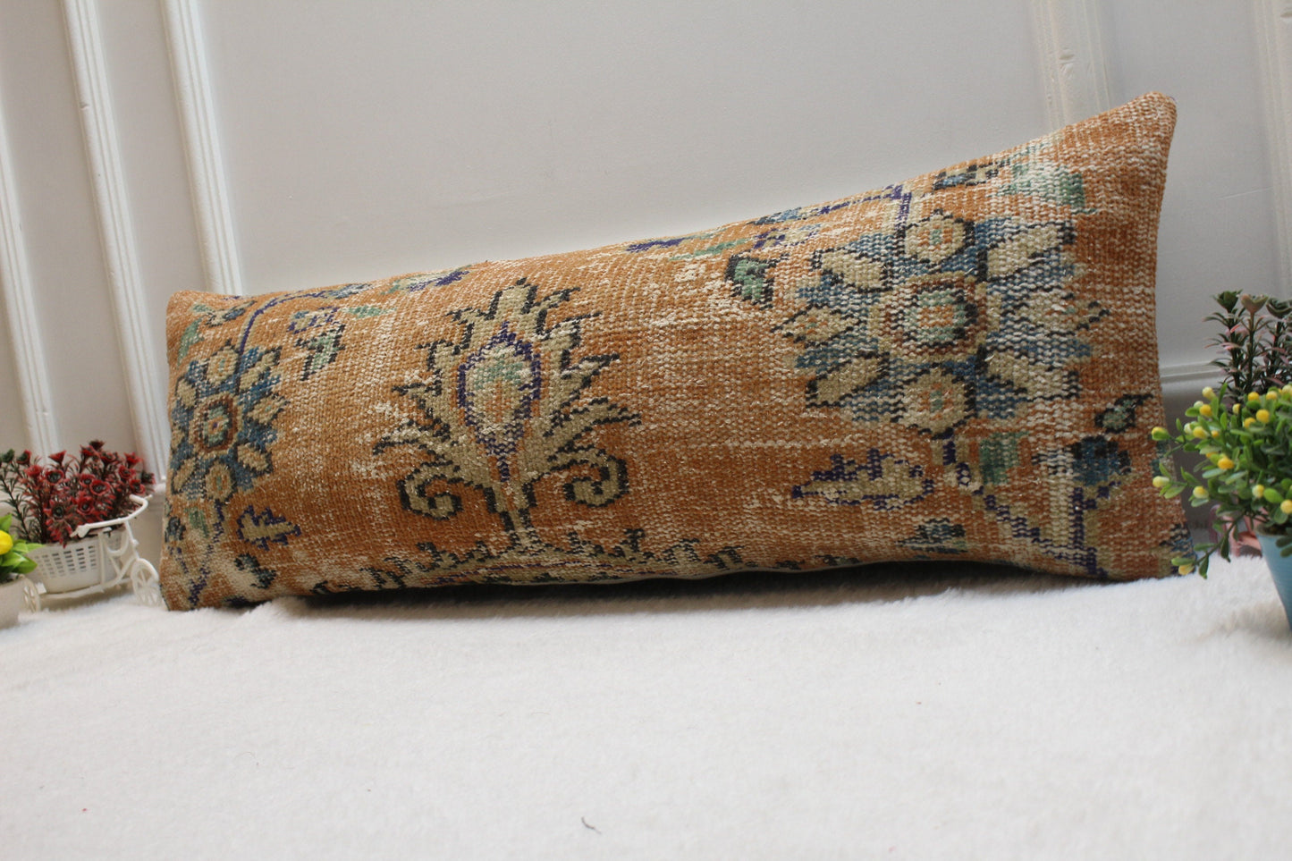 Handmade Kilim Pillow Cover: Orange & Blue Vintage Rug Pillow (12x36 in)