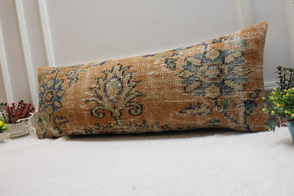 Handmade Kilim Pillow Cover: Orange & Blue Vintage Rug Pillow (12x36 in)