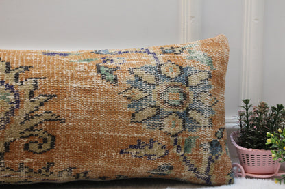 Handmade Kilim Pillow Cover: Orange & Blue Vintage Rug Pillow (12x36 in)