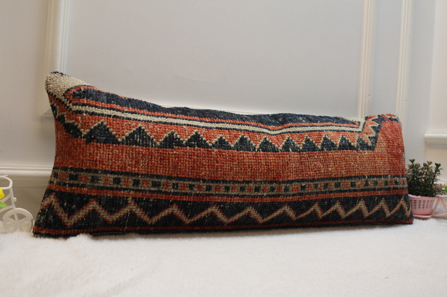 Vintage Turkish Rug Lumbar Pillow Cover: Red & Black, 12x36 inch
