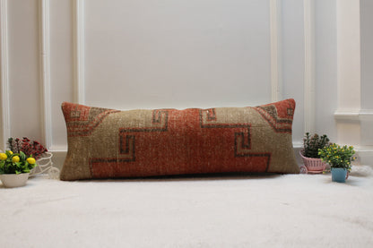 12x36 Lumbar Kilim Pillow Cover: Red Beige Woven Rug