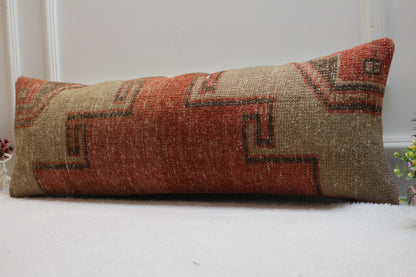 12x36 Lumbar Kilim Pillow Cover: Red Beige Woven Rug