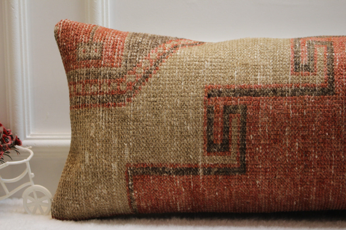 12x36 Lumbar Kilim Pillow Cover: Red Beige Woven Rug