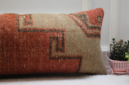 12x36 Lumbar Kilim Pillow Cover: Red Beige Woven Rug