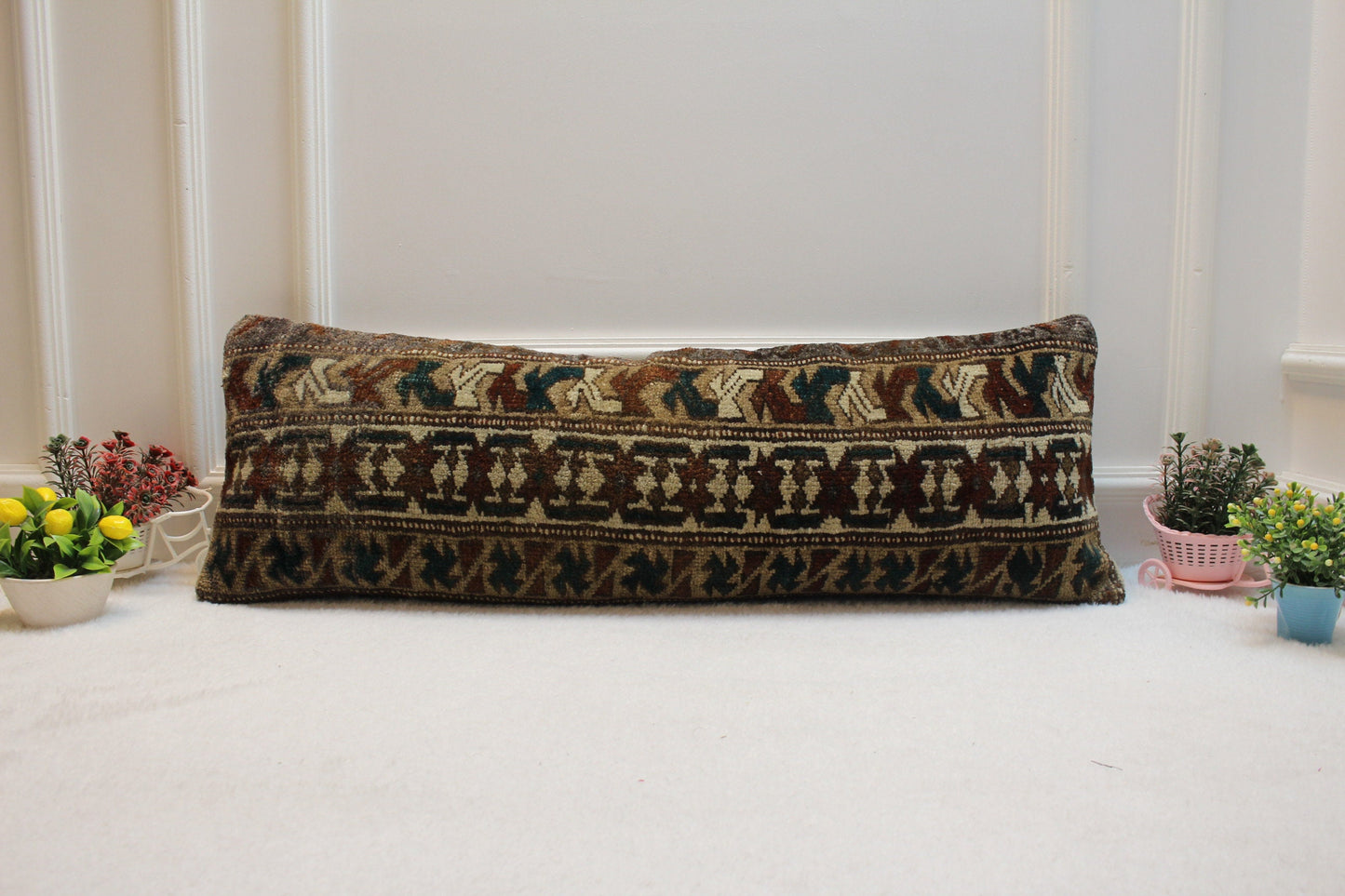 Handmade Lumbar Kilim Pillow Cover: Organic Wool, Geometric Brown (12x36 in)