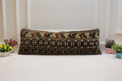 Handmade Lumbar Kilim Pillow Cover: Organic Wool, Geometric Brown (12x36 in)