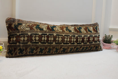 Handmade Lumbar Kilim Pillow Cover: Organic Wool, Geometric Brown (12x36 in)