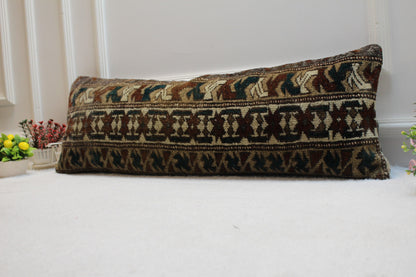 Handmade Lumbar Kilim Pillow Cover: Organic Wool, Geometric Brown (12x36 in)