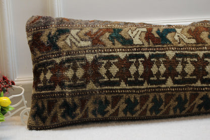 Handmade Lumbar Kilim Pillow Cover: Organic Wool, Geometric Brown (12x36 in)