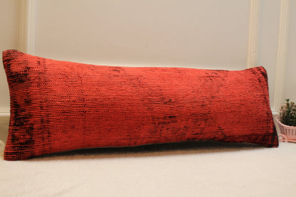 Red Vintage Turkish Rug Lumbar Pillow Cover: Organic Wool, 12x36 inch