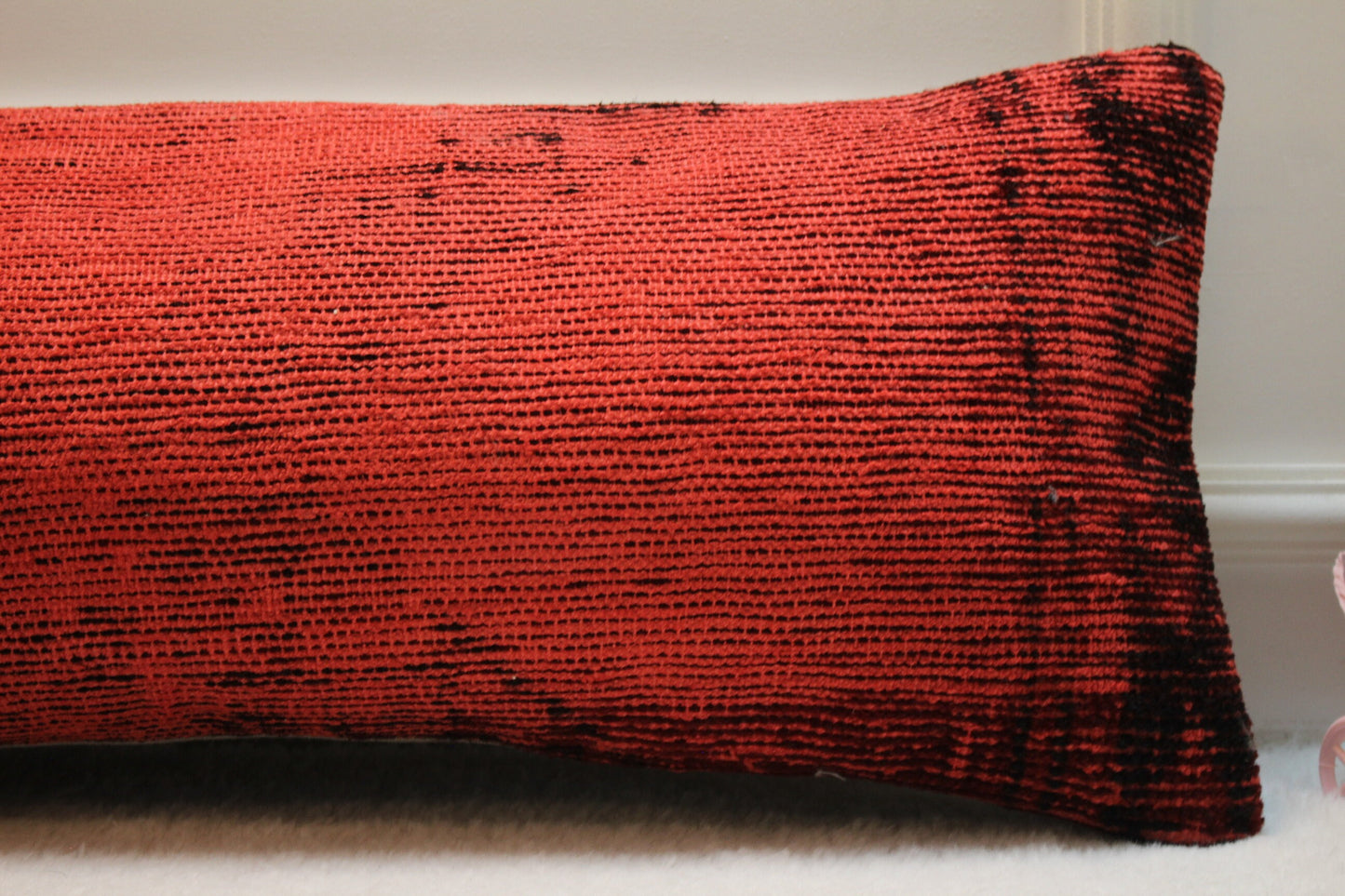 Red Vintage Turkish Rug Lumbar Pillow Cover: Organic Wool, 12x36 inch