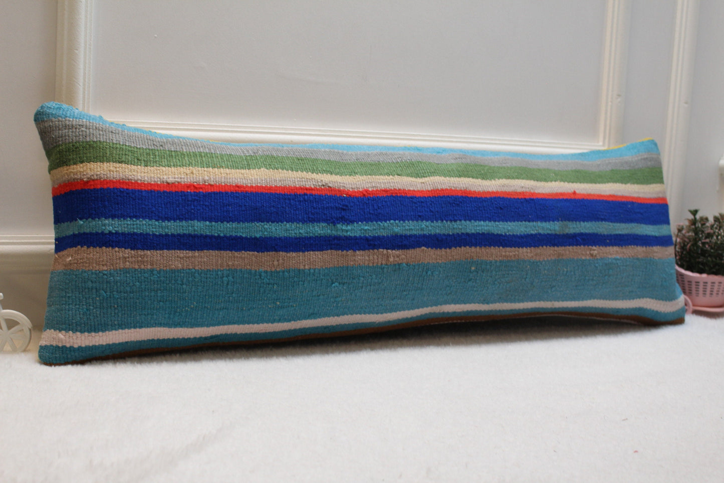 Rainbow Kilim Lumbar Pillow Cover: Vintage Woven Rug, 12x36 inch