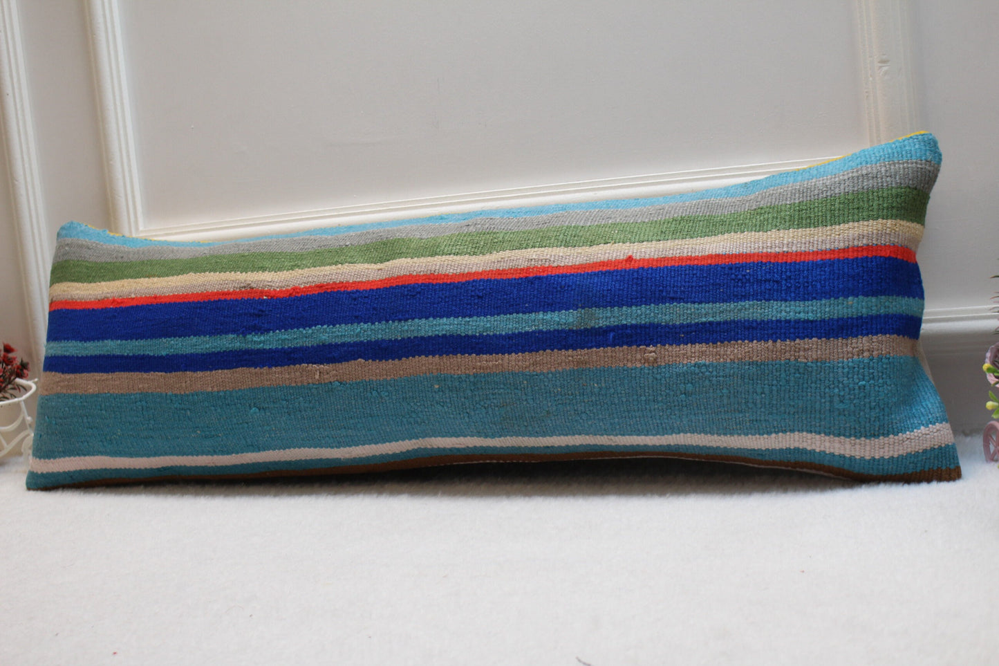 Rainbow Kilim Lumbar Pillow Cover: Vintage Woven Rug, 12x36 inch