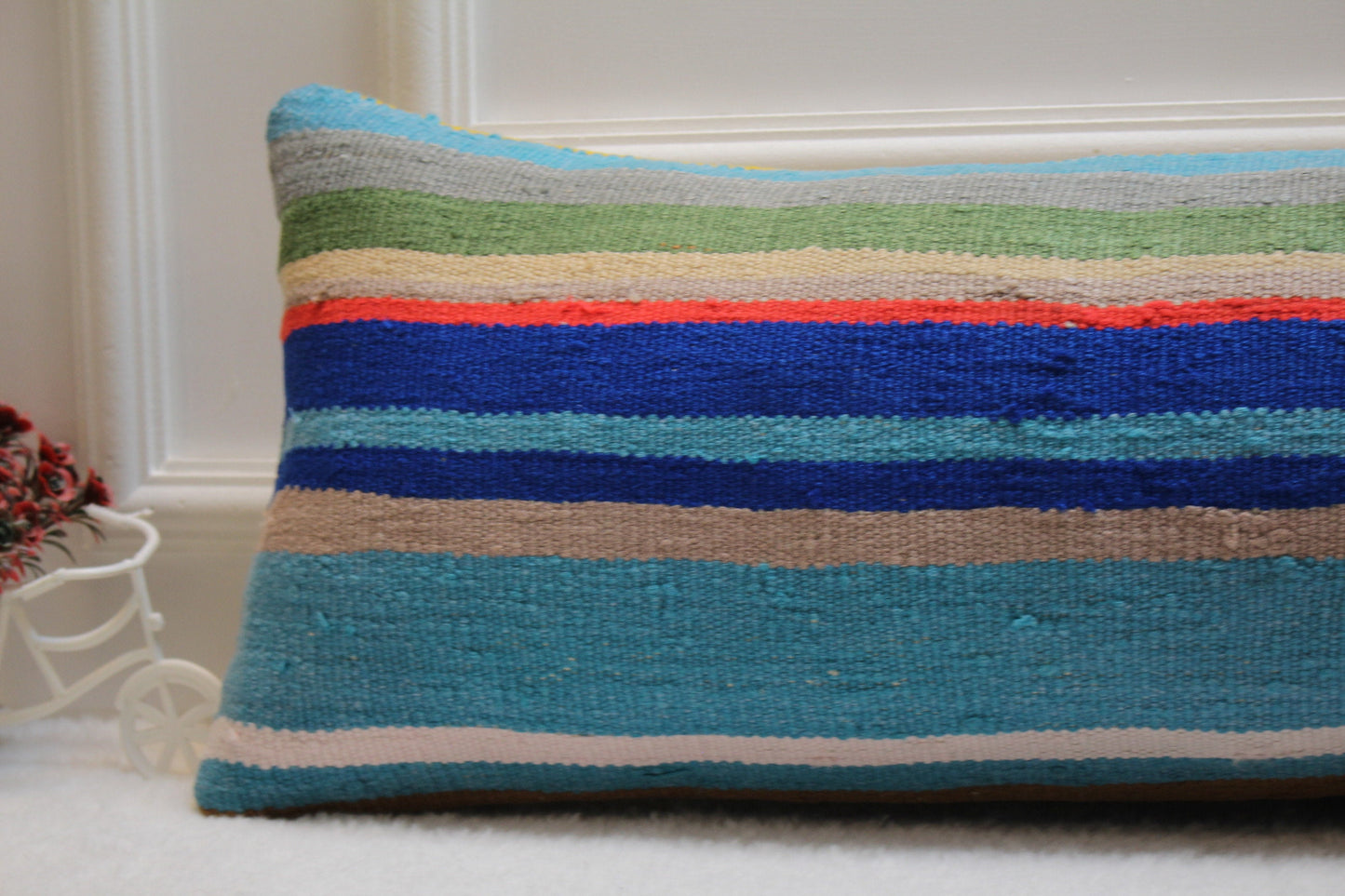Rainbow Kilim Lumbar Pillow Cover: Vintage Woven Rug, 12x36 inch
