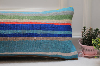 Rainbow Kilim Lumbar Pillow Cover: Vintage Woven Rug, 12x36 inch