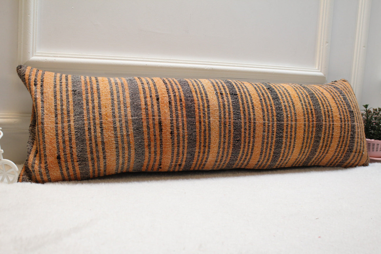 Handmade Striped Kilim Lumbar Pillow Cover: Orange & Gray, 12x36 inch