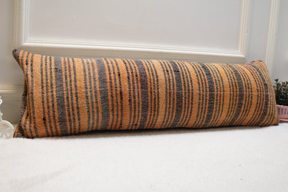 Handmade Striped Kilim Lumbar Pillow Cover: Orange & Gray, 12x36 inch