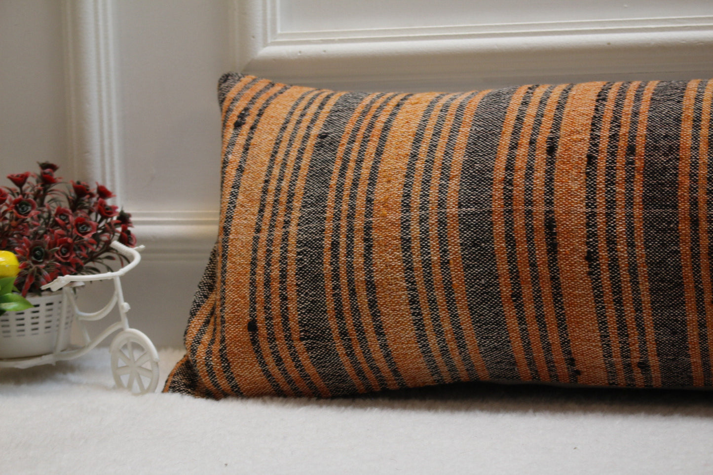 Handmade Striped Kilim Lumbar Pillow Cover: Orange & Gray, 12x36 inch
