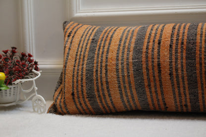 Handmade Striped Kilim Lumbar Pillow Cover: Orange & Gray, 12x36 inch