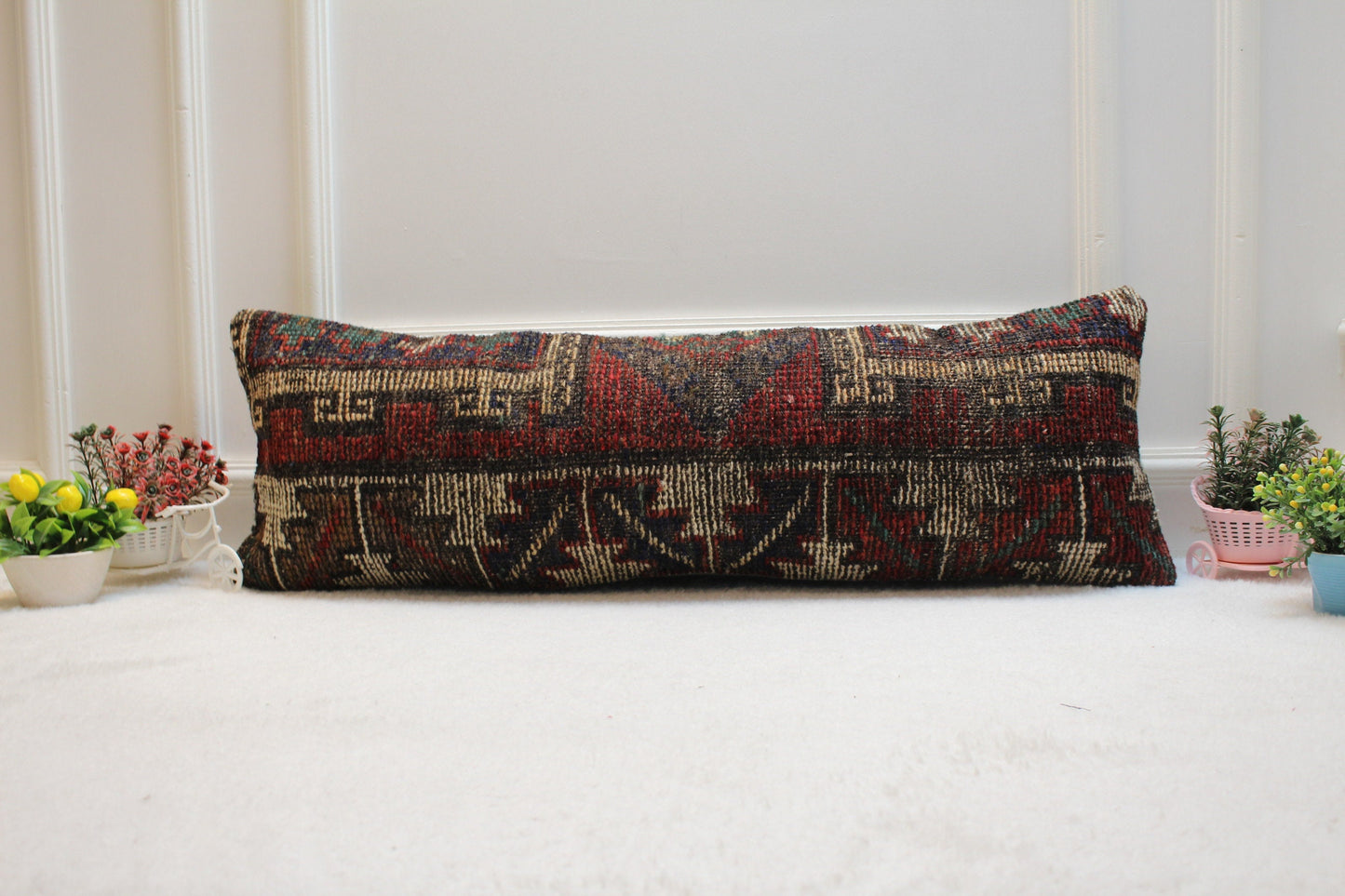 Handmade Kilim Lumbar Pillow Cover: Red Beige Vintage Rug, 12x36 inch