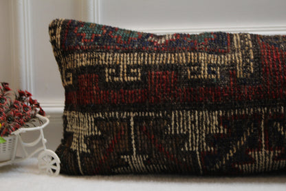 Handmade Kilim Lumbar Pillow Cover: Red Beige Vintage Rug, 12x36 inch
