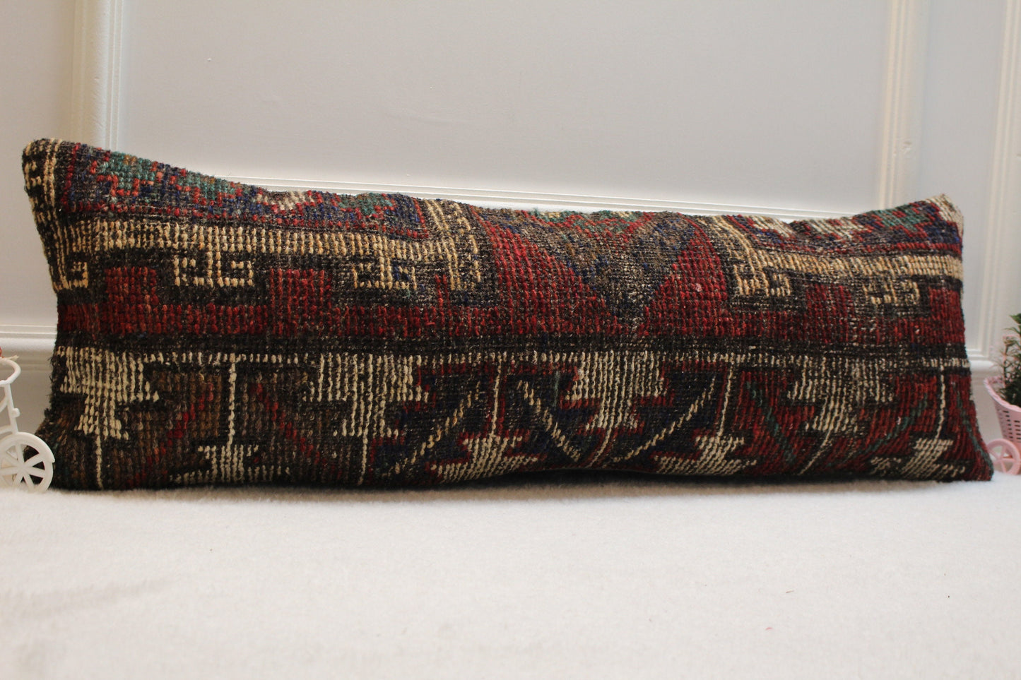 Handmade Kilim Lumbar Pillow Cover: Red Beige Vintage Rug, 12x36 inch