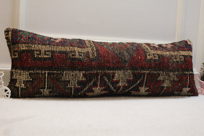 Handmade Kilim Lumbar Pillow Cover: Red Beige Vintage Rug, 12x36 inch