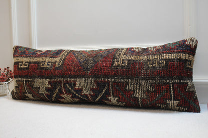 Handmade Kilim Lumbar Pillow Cover: Red Beige Vintage Rug, 12x36 inch
