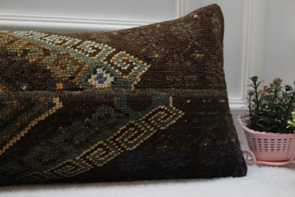 Handmade Kilim Lumbar Pillow Cover: Brown & Green Turkish Rug (12x36 in)