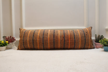 Handmade Striped Kilim Pillow Cover: Orange & Black Lumbar Pillow (12x36 in)