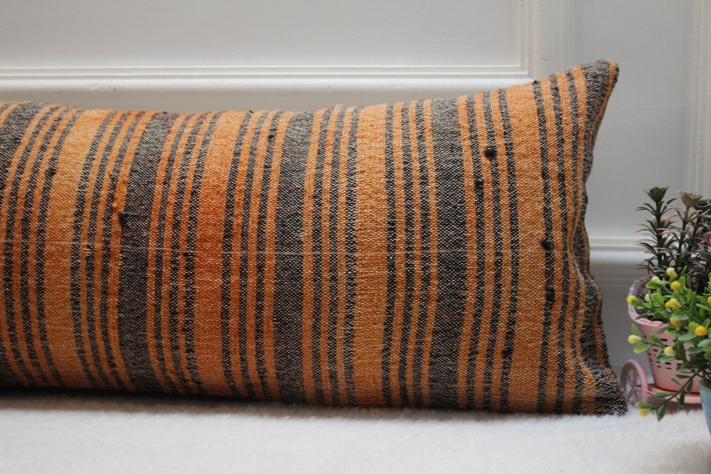 Handmade Striped Kilim Pillow Cover: Orange & Black Lumbar Pillow (12x36 in)