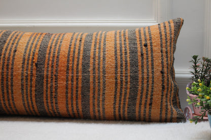 Handmade Striped Kilim Pillow Cover: Orange & Black Lumbar Pillow (12x36 in)