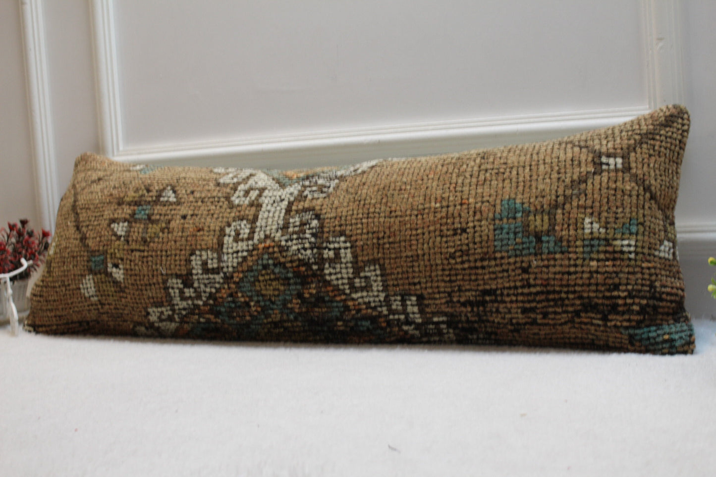 Brown Turkish Rug Lumbar Pillow Cover: Vintage Woven Wool, 12x36 inch