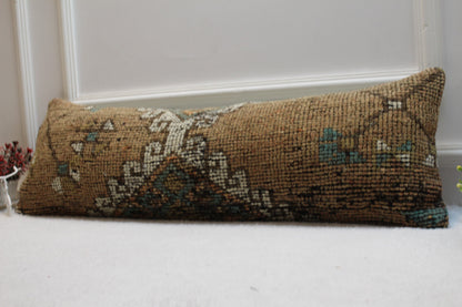 Brown Turkish Rug Lumbar Pillow Cover: Vintage Woven Wool, 12x36 inch