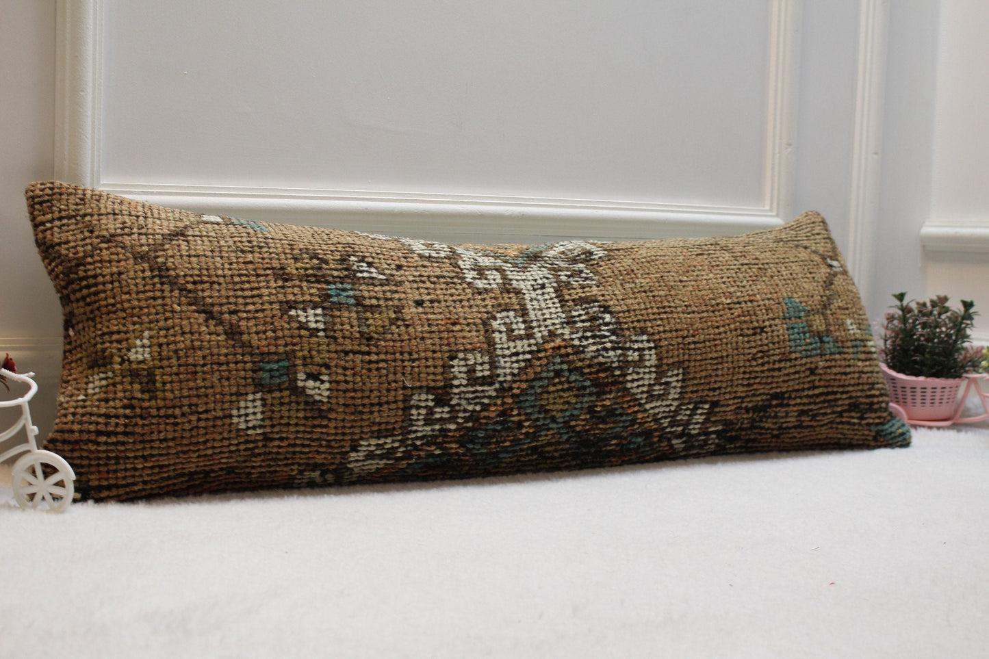Brown Turkish Rug Lumbar Pillow Cover: Vintage Woven Wool, 12x36 inch