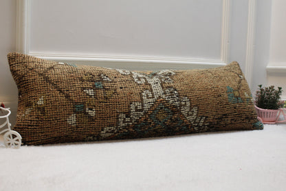 Brown Turkish Rug Lumbar Pillow Cover: Vintage Woven Wool, 12x36 inch