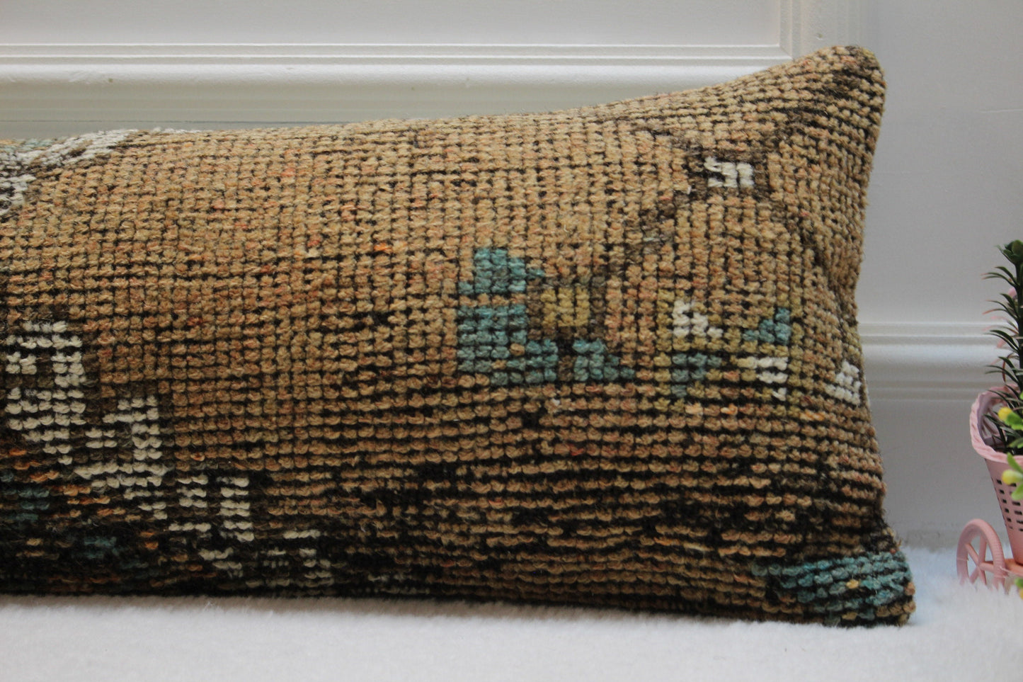 Brown Turkish Rug Lumbar Pillow Cover: Vintage Woven Wool, 12x36 inch