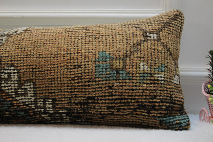 Brown Turkish Rug Lumbar Pillow Cover: Vintage Woven Wool, 12x36 inch