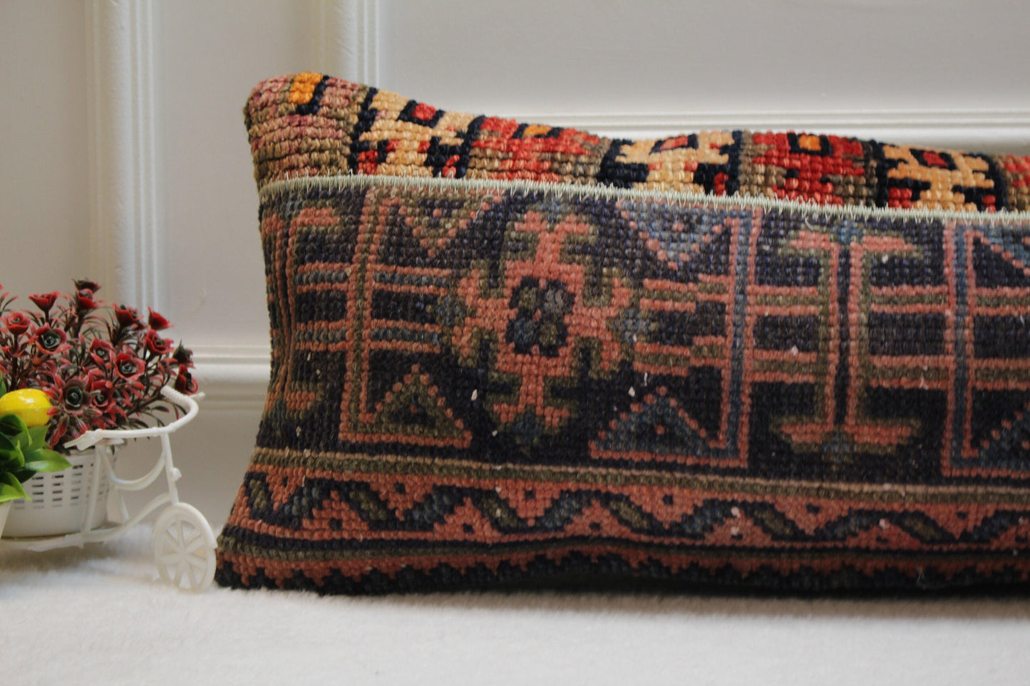 Handmade Turkish Rug Lumbar Pillow Cover: Patchwork Kilim, 12x36 inch