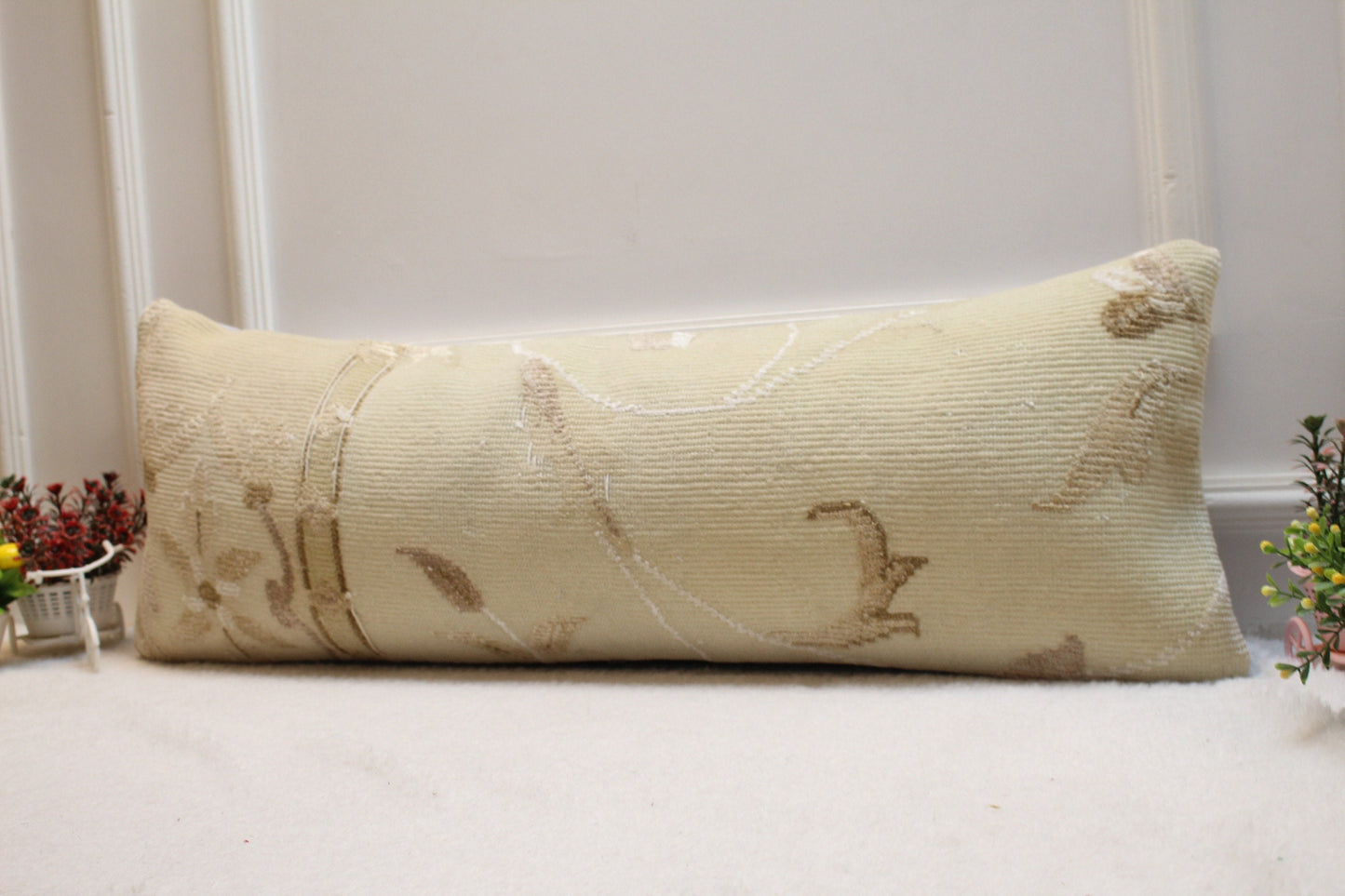 Handmade Turkish Rug Lumbar Pillow Cover: Beige Brown Woven Pillow Case (12x36in)