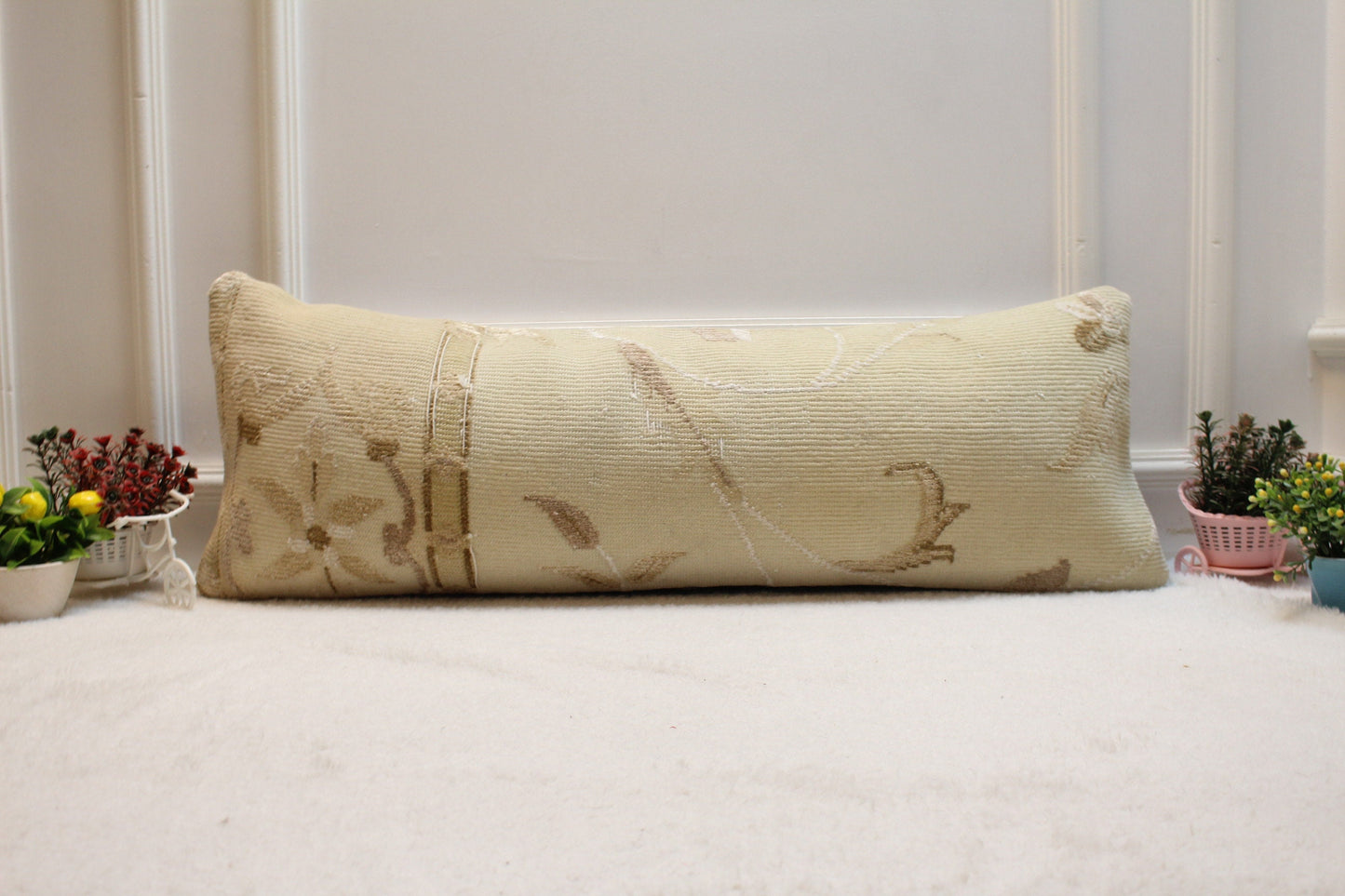Handmade Turkish Rug Lumbar Pillow Cover: Beige Brown Woven Pillow Case (12x36in)