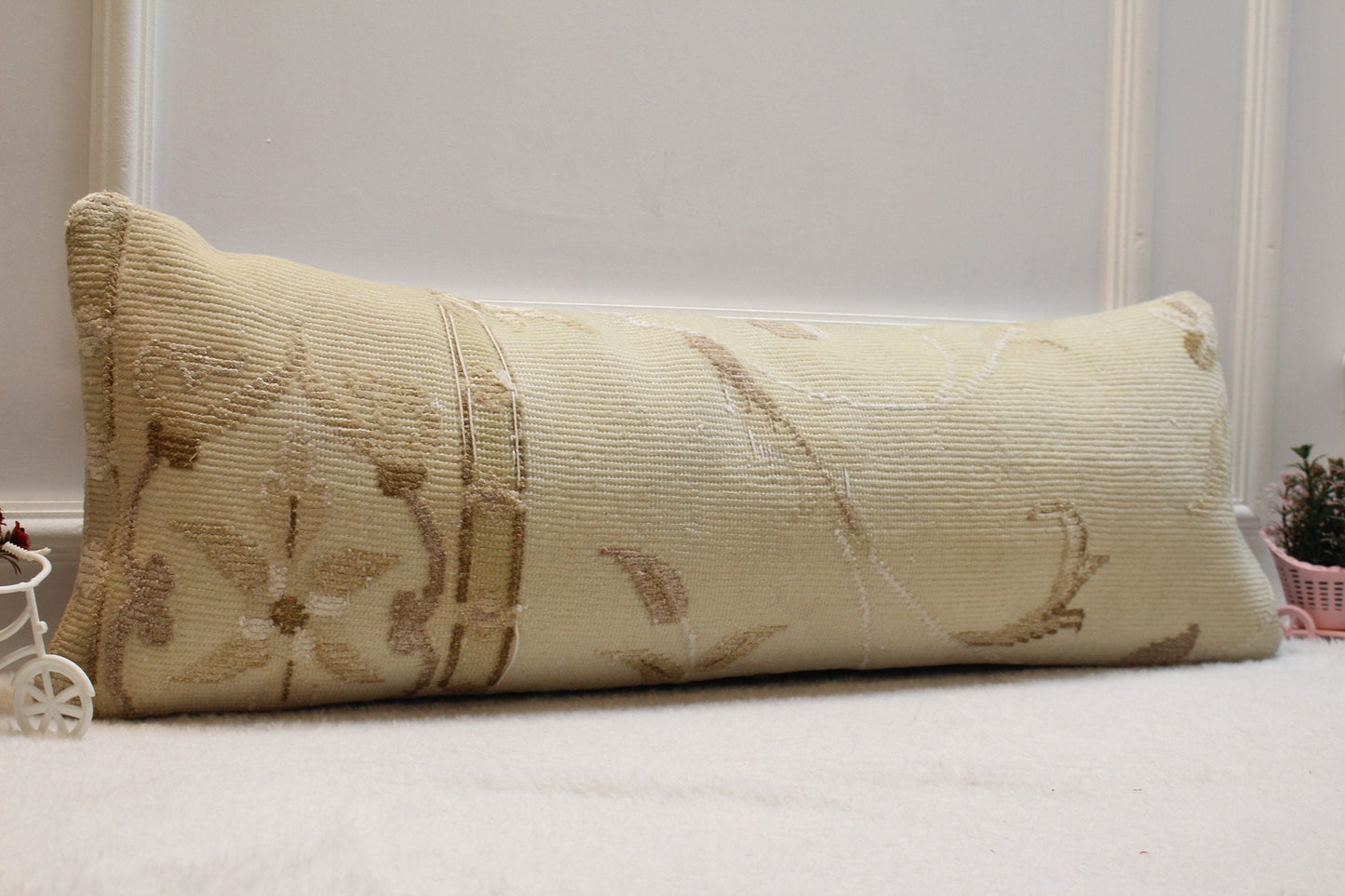 Handmade Turkish Rug Lumbar Pillow Cover: Beige Brown Woven Pillow Case (12x36in)