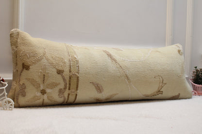 Handmade Turkish Rug Lumbar Pillow Cover: Beige Brown Woven Pillow Case (12x36in)