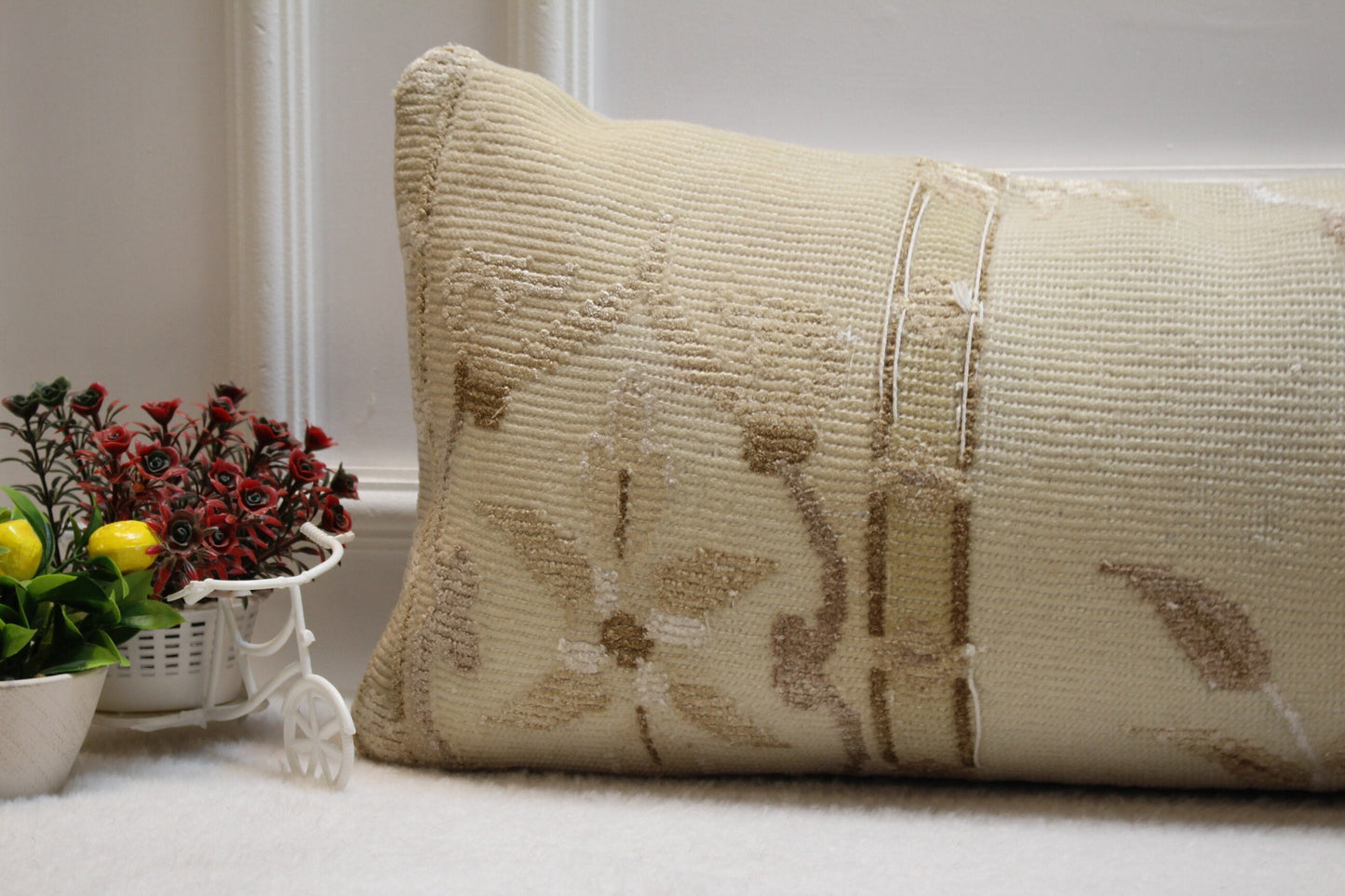 Handmade Turkish Rug Lumbar Pillow Cover: Beige Brown Woven Pillow Case (12x36in)