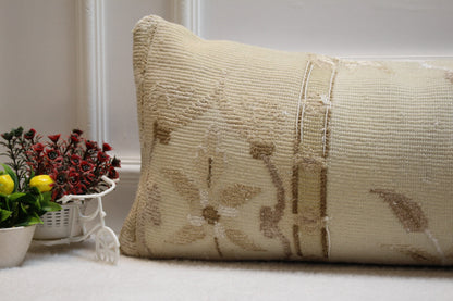 Handmade Turkish Rug Lumbar Pillow Cover: Beige Brown Woven Pillow Case (12x36in)